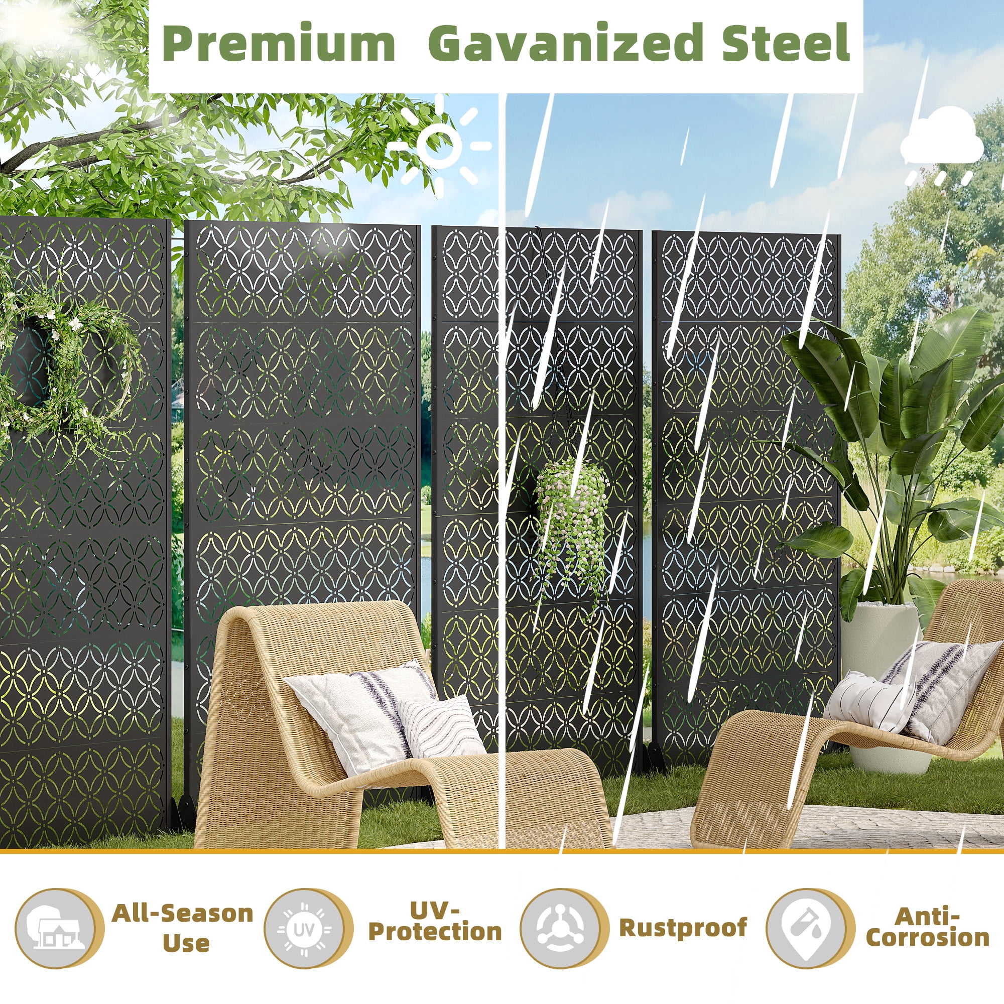 MAYEERTY 72*47" Outdoor Black Metal Privacy Panel Screen for Patio, Coin Pattern