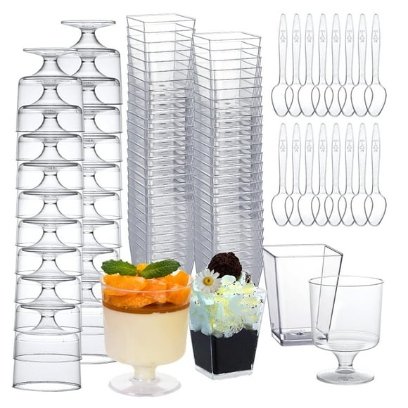 mwellewm 300 Pack Mini Plastic Dessert Cups with Spoons, 5 OZ Square Parfait Glasses for Party, Reusable Fruit Ice Cream Pudding Appetizer Bowls