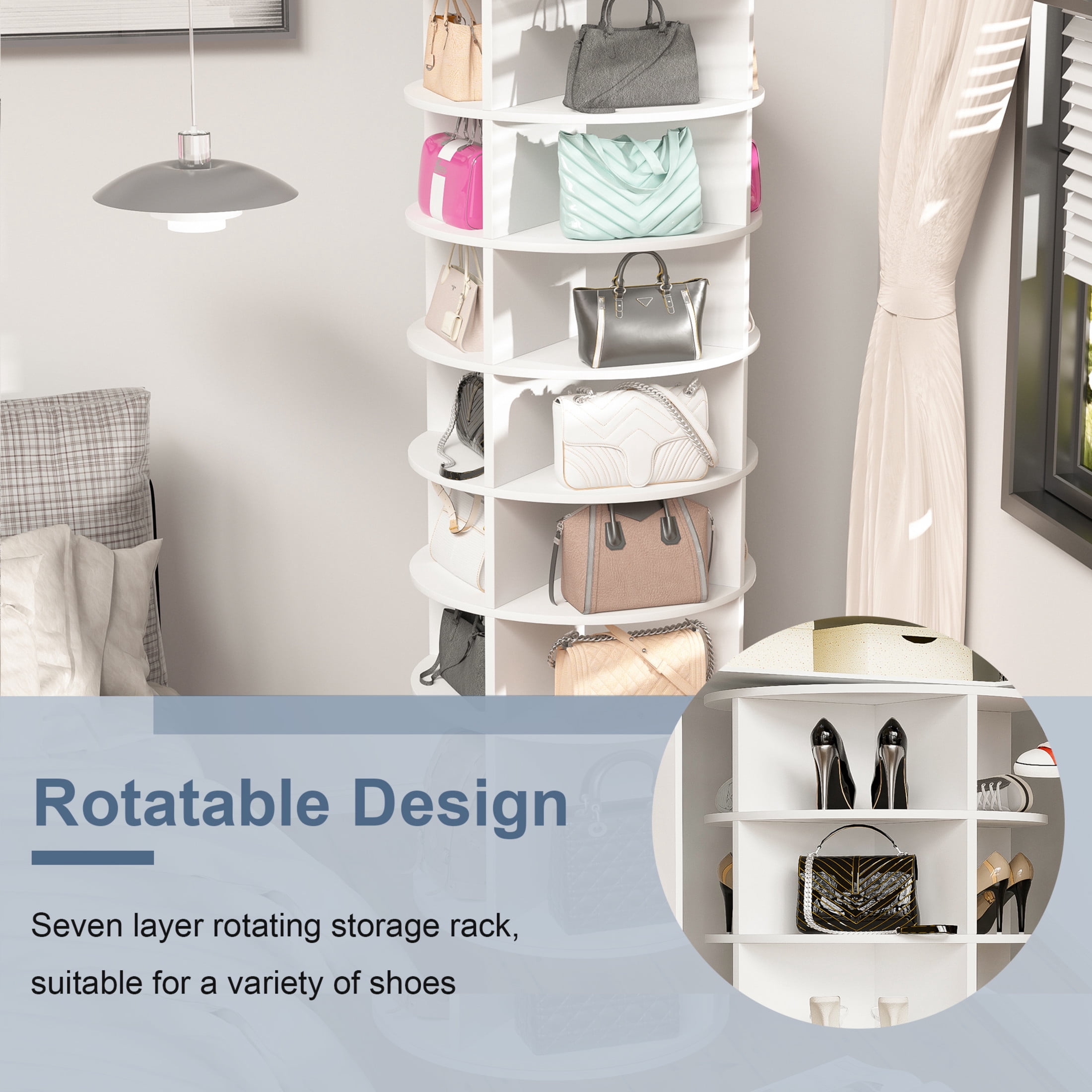 Noble House 7-Tier Rotating Shoe Rack Tower, 360° Freestanding Shoe Organizer, White