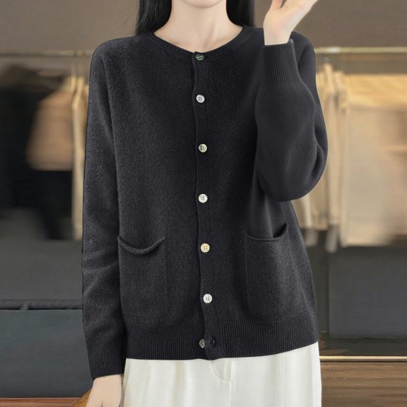 ZHOGXU Women's Cardigan With Pocket Long Sleeve Open Front Buttons Solid Color Knit Comfortable Slim Fit Coat Jacket For Casual Daily Wear Black M