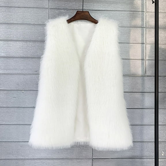 HongQid Womens Faux Fur Vest Coat Winter Shaggy Casual V-neck Jackets Warm Fuzzy Outerwear