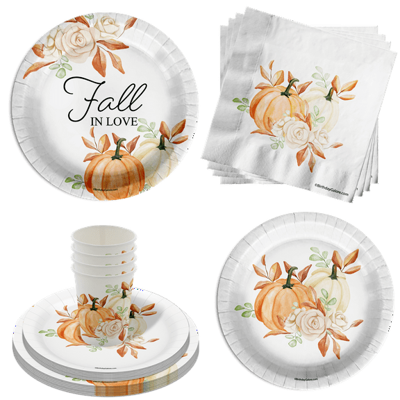 Fall in Love Bridal Shower Party Supplies 64 Piece Tableware Set Includes Large 9" Paper Plates Dessert Plates, Cups and Napkins Kit for 16