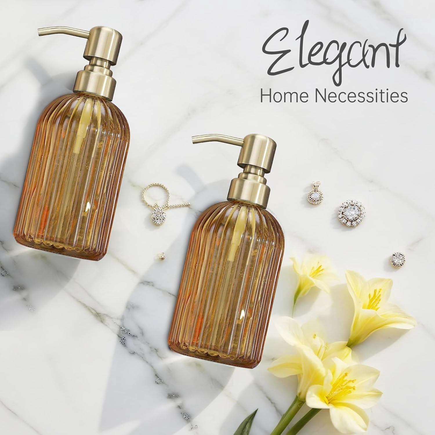 16 OZ  Glass Soap Dispenser,  Stripe Bathroom Hand Soap Dispensers with Stainless Steel Brushed  Pump,Brown Glass Kitchen Hand Soap Dispenser with Brushed  Pump,2 Packs