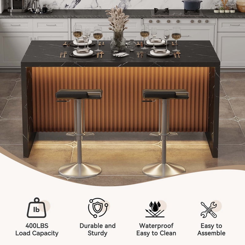 Hawsaiy 67" Modern LED Rectangle Dining Table with Marble-Look Top, 6 Seater Kitchen Island Table with Lights for Home Kitchen Office, Black