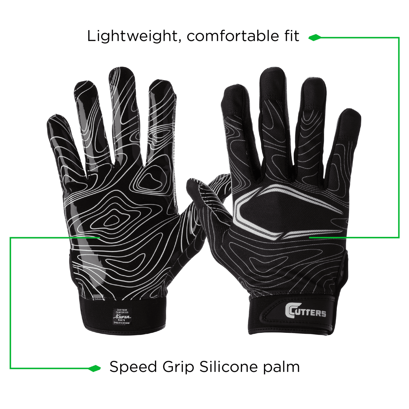 Cutters, Game Day Football Receiver Gloves, Youth, XXS/XS, Black Topo