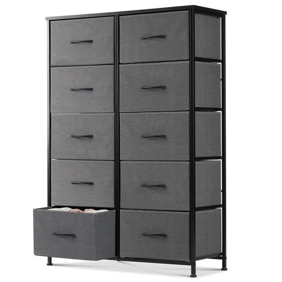 EDX 10 Drawer Dresser, Wide Chest of Drawers Nightstand Storage Tower Storage Fabric Dresser with Wood Top for Living Room, Bedroom, Hallway, Grey