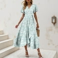 thumbnail image 2 of felwors Summer Dresses for Women 2025 Casual V Neck Short Sleeve Floral Midi Dress Tie Waist Ruffle Boho Cute Summer Dress Light Green, XXL, 2 of 9