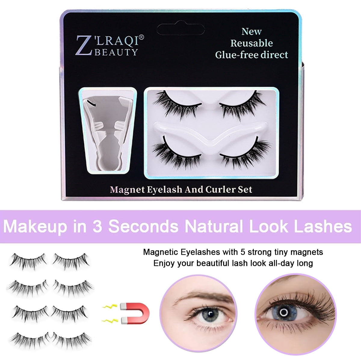 Magnetic Eyelashes, 3 pairs, Magnetic, Magnetic, False Eyelashes, Magnetic Eyelashes with applicator tweezers, for daily make-up or dating, wedding, party
