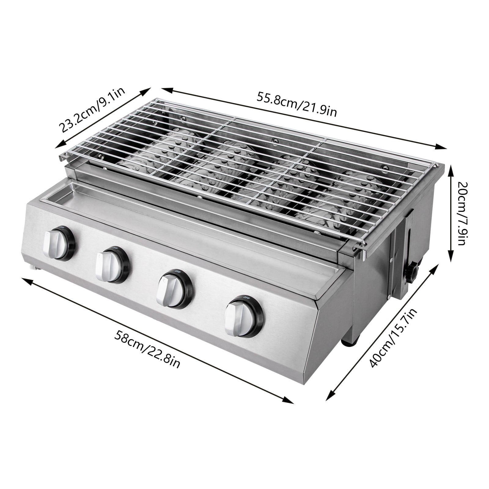 22.4*15.4*6.9 Freestanding Silver Stainless Steel Commercial Gas BBQ Grill With Steel Grilling Mesh 4 Burners