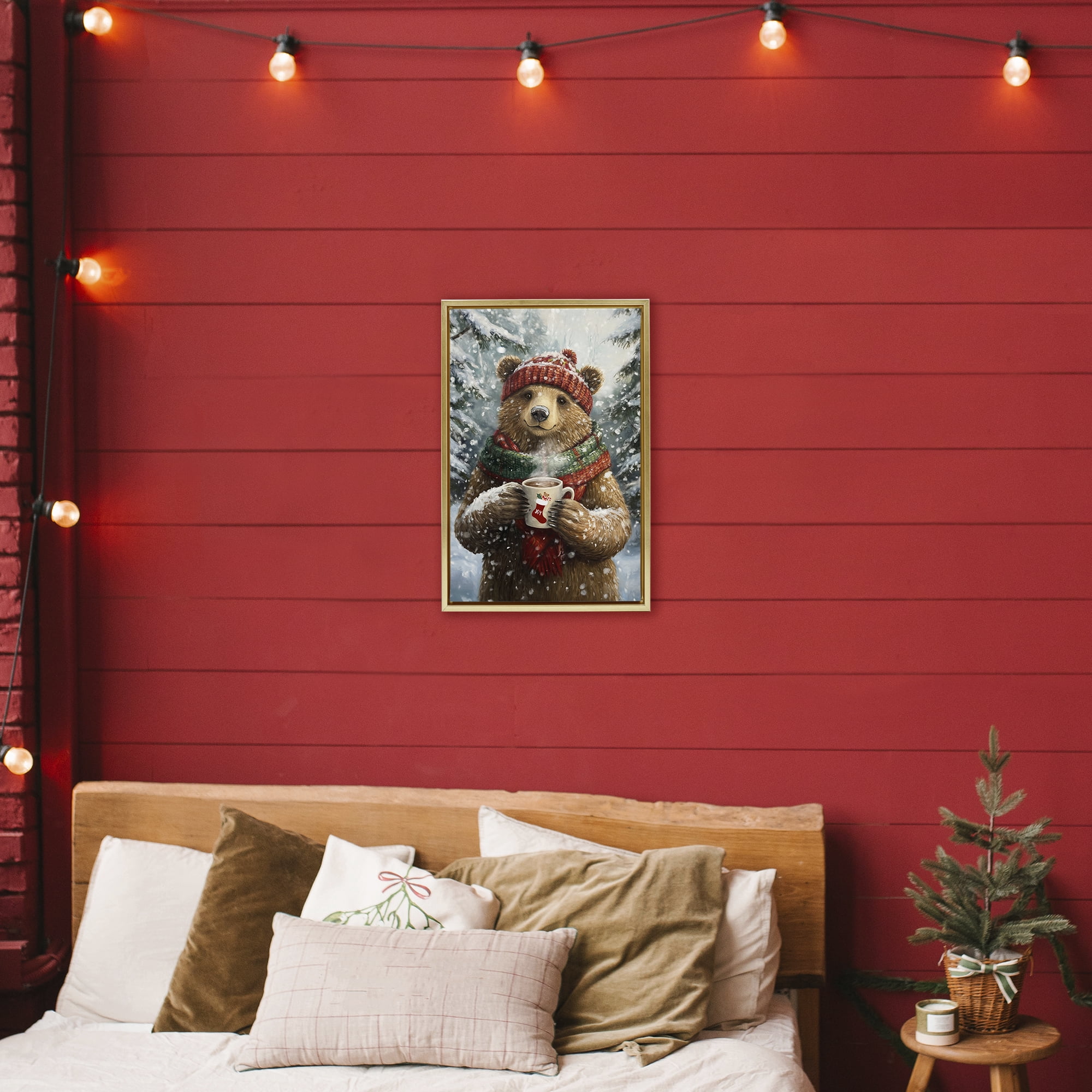 Stupell Industries Christmas Cocoa Bear Gold Framed Floater Canvas Wall Art, design by Tina LeCour