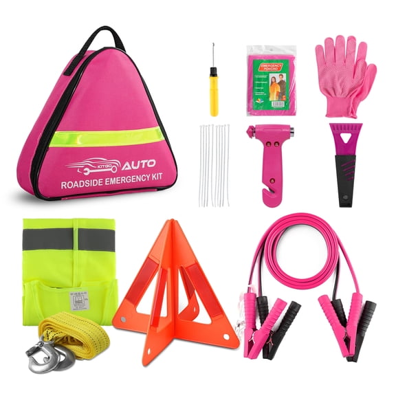 Pink Car Emergency Kit – Roadside Emergency Kit with Jumper Cables & Safety Tools