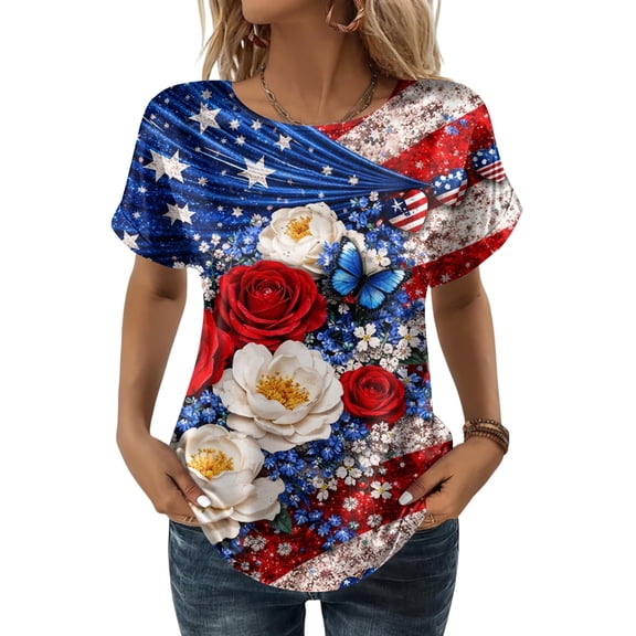 KDDYLITQ 250th Anniversary Usa Shirt for Women 250th Anniversary Printed Crew Neck Red White Blue Clothes Usa Flag Short Sleeve Vintage Tees Birthday Work T-Shirts Multicolor 2XL