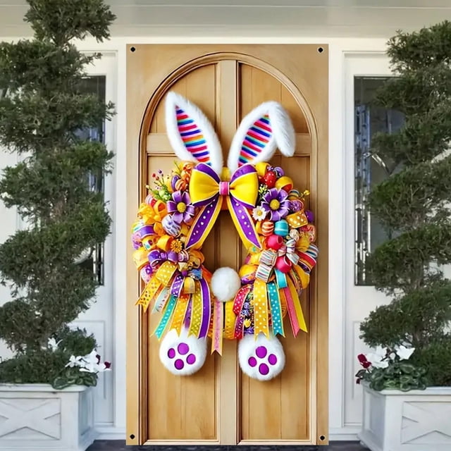 Happy Easter Door Cover,Easter Bunny Door Cover Egg Seasonal Cover Party Accessory Hanging Banner.Happy Easter Spring Door Sign Decoration with Cute Hollow Rabbit Fireplace Window Wall Hanging Decor