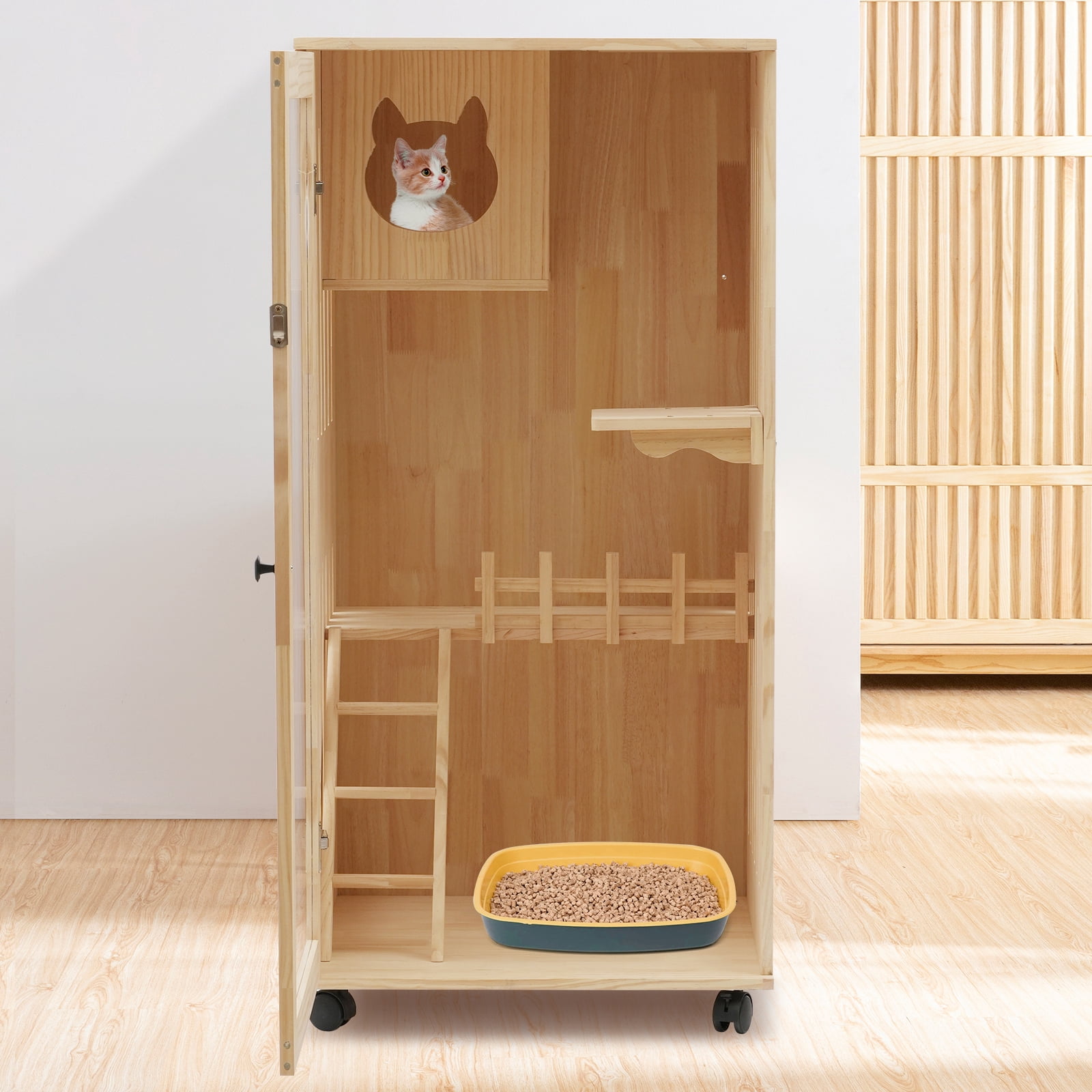 Large Wooden Cat House Indoor Furniture 47 inch Tall Cat Condo with Clear Door and LED Light Spacious Pine Wood Cat Cage