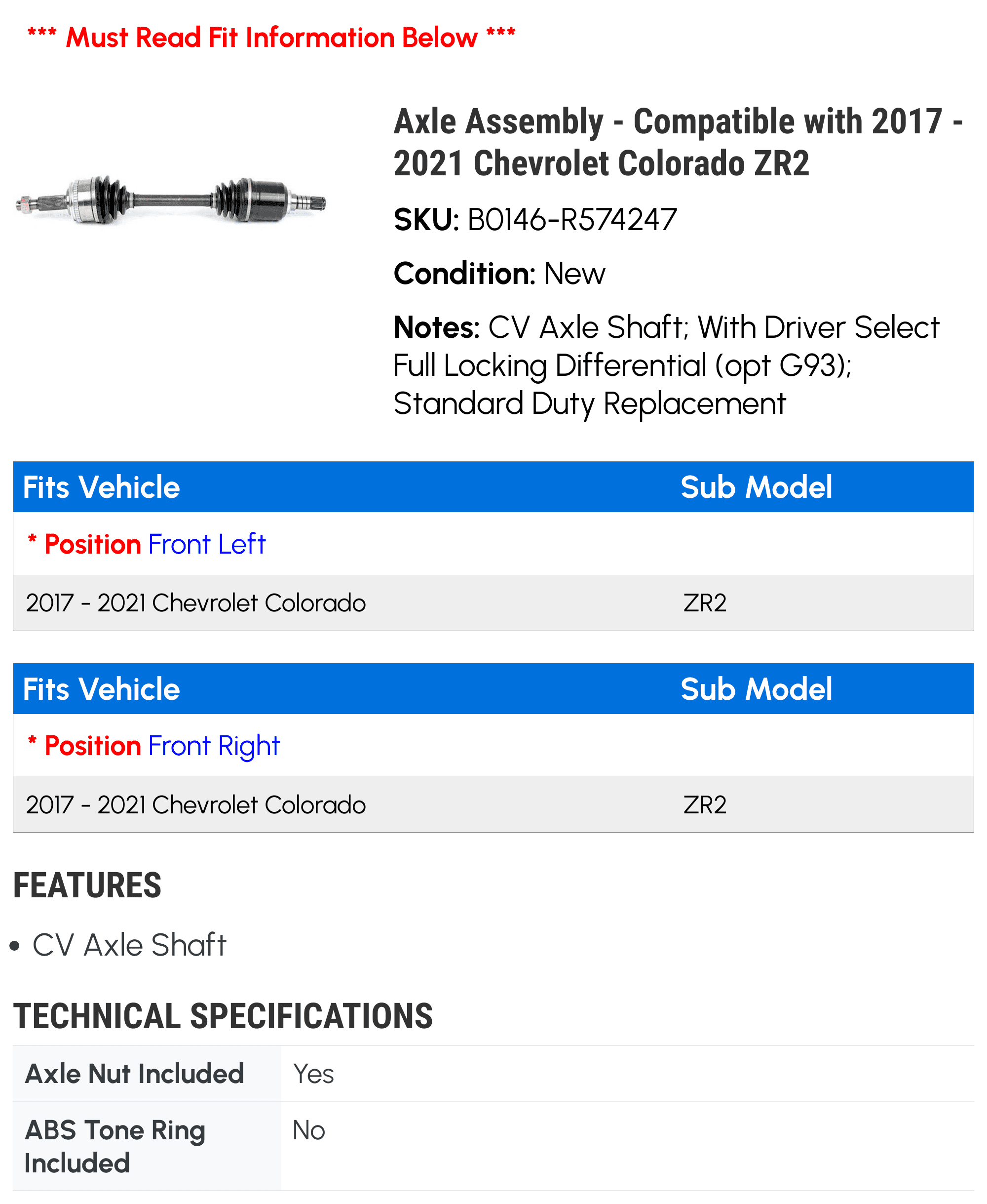 Axle Assembly - Compatible with 2017 - 2021 Chevy Colorado ZR2 2018 2019 2020