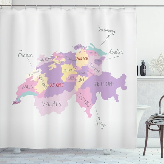Zurich Shower Curtain, Hand Drawn Map Illustration with Names of Cities Written Country Borders, Fabric Bathroom Set with Hooks, 69W X 70L Inches, Lavender Multicolor, by Ambesonne