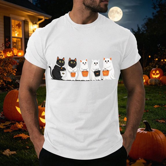 TOWED22 Halloween Short Sleeve T-Shirts for Men Fashion Summer Print Tops Round Neck Breathable Tees Plus Size(H149-White,L)