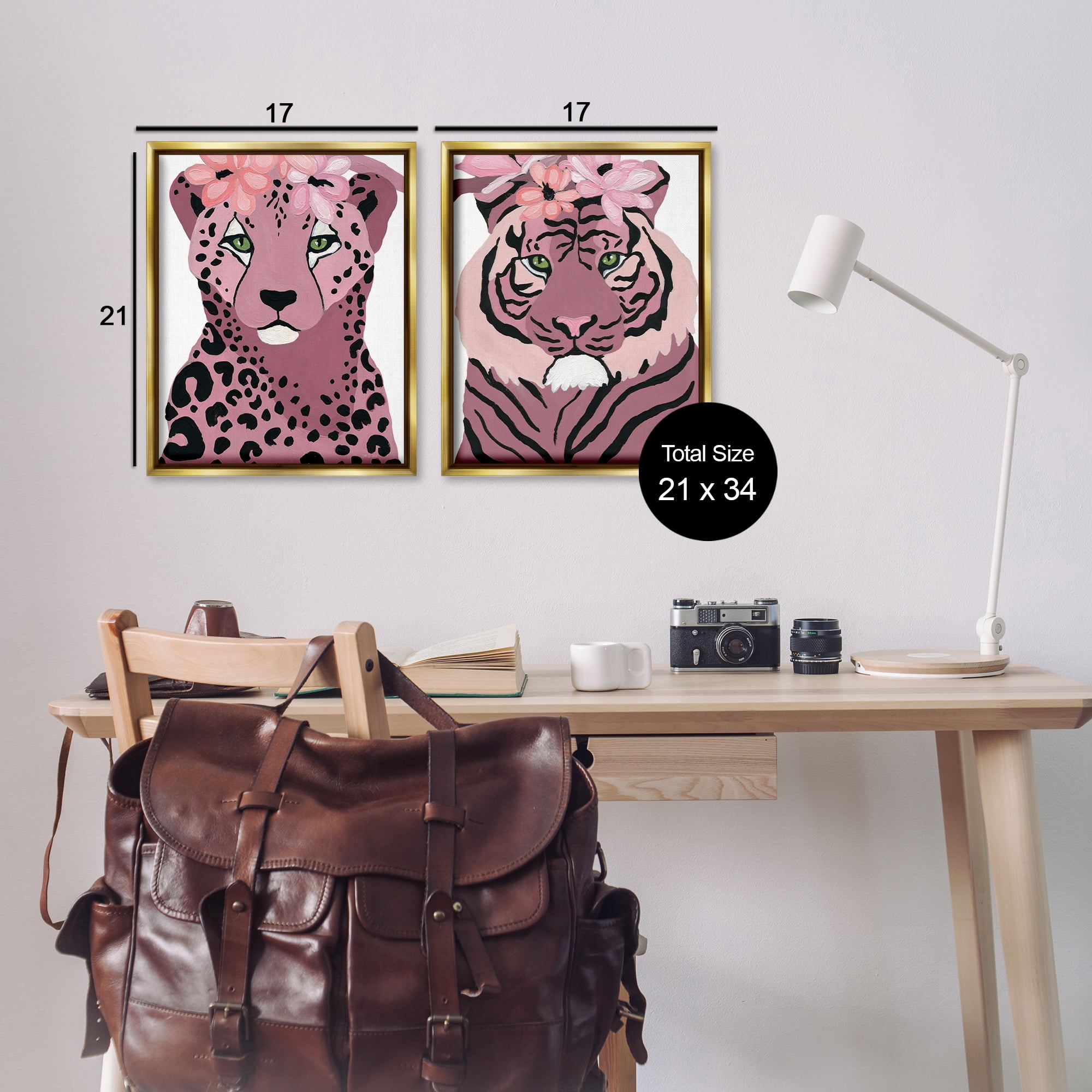 Stupell Industries Floral Cheetah Tiger Animals Painting Gold Floater Framed Canvas Art Print Wall Art, 17 x 21, Set of 2
