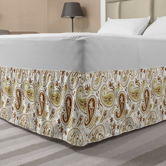 Paisley Bed Skirt, Floral Patterns with Paisley Inspired and Tulips Persian Hippie Art, Elastic Bedskirt Dust Ruffle Wrap Around for Bedding Decor, 4 Sizes, White Chocolate Umber, by Ambesonne