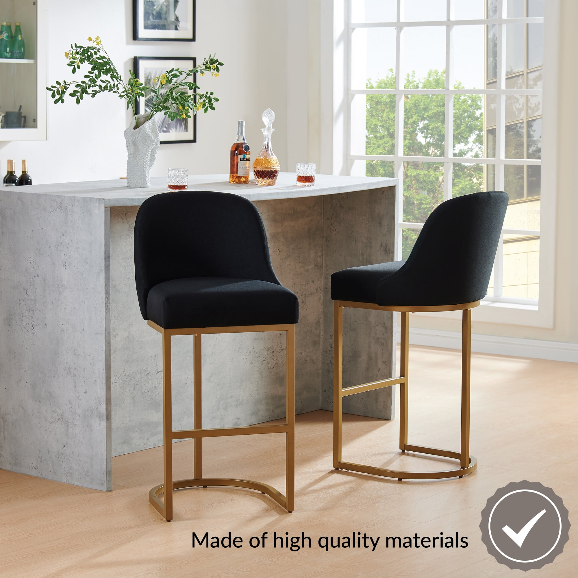 Leick Home Barrel Back Bar Stools with High Density Foam Seat, Black/Gold (Set of 2)
