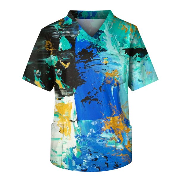 Fashion Men's Short Sleeve V Neck Printed Working Chest Pocket Carer Top L
