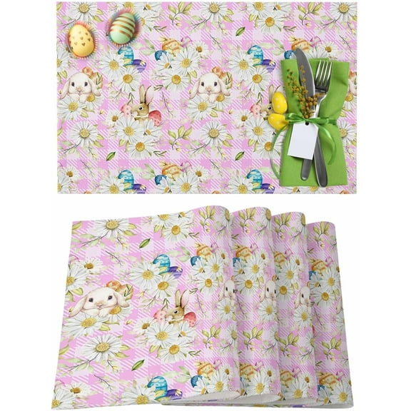 Easter Placemats Set of 6, Rabbit Bunny Placemat for Dining Table Decorations, Flowers Easter Eggs Pink Plaid Place Mats, Spring Table Mats for Kitchen Dinner Seasonal Holiday Party Decor