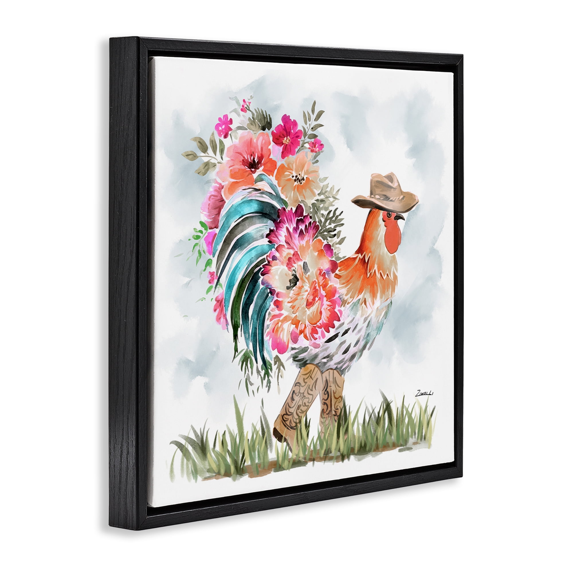 Stupell Industries Blooming Cowgirl Hen Animals & Insects Painting Black Floater Framed Canvas Art Print Wall Art, 18 x 18