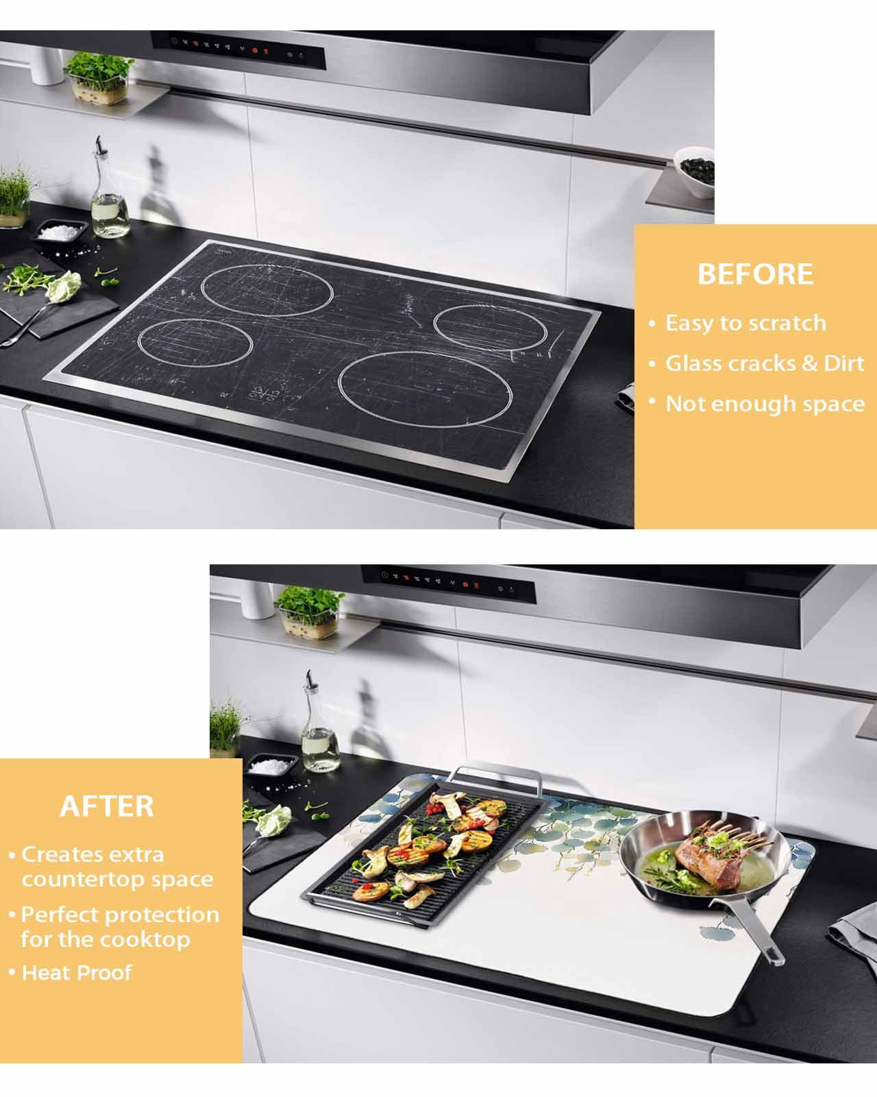 nqOlkjepod Large Induction Cooktop Protector Mat 36"x21", Watercolor Leaaves Stove Top Covers for Electric Stove, Spring Rustic Watercolor Botanical Stove Burner Cover Mats, Glass Top Stove Cover