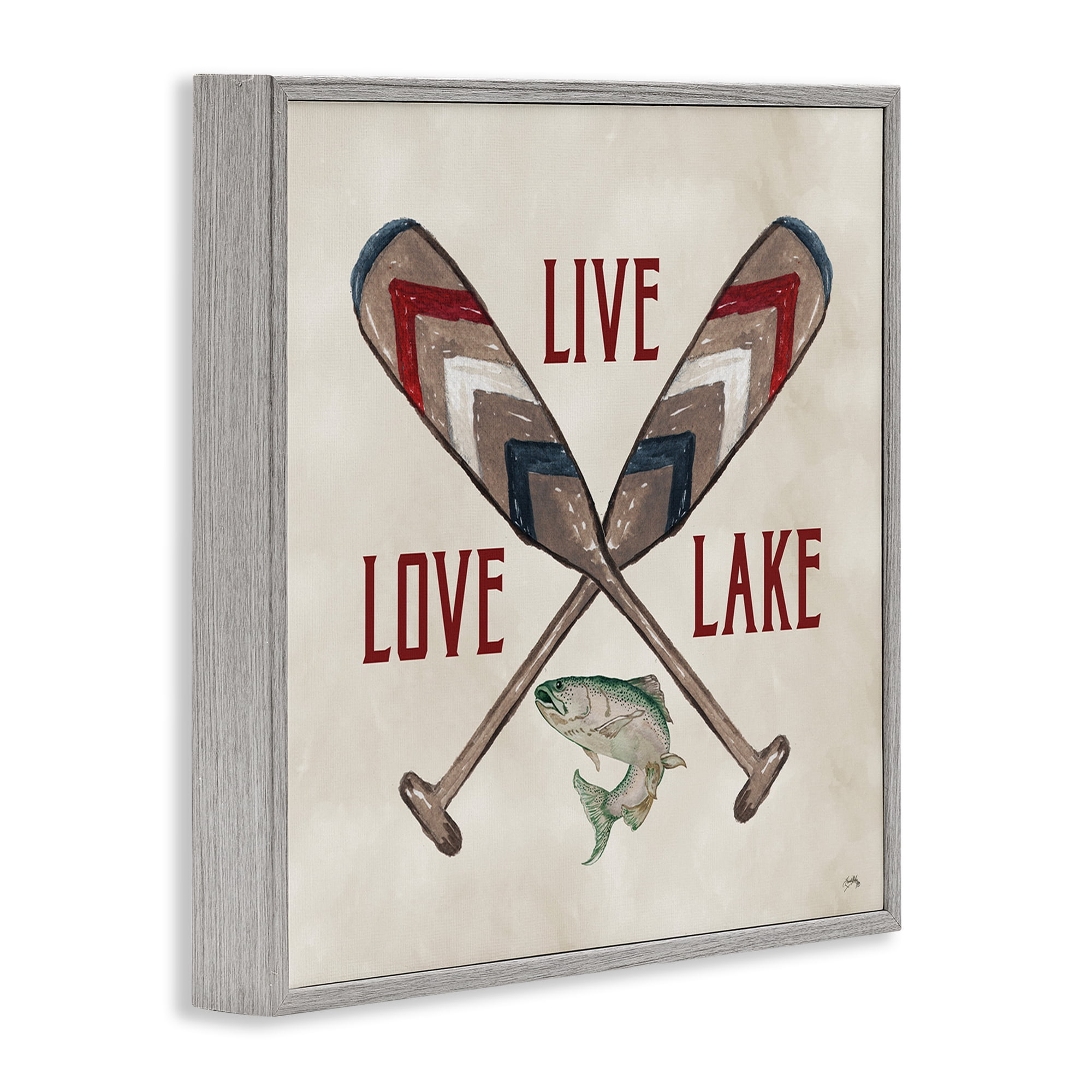 Stupell Industries Live Love Lake Oars Typography Painting Gray Framed Art Print Wall Art, 24 x 24