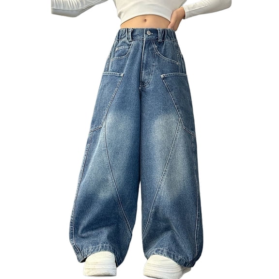 Girls High Waist Cargo Jeggings Winter Loose Fit Wide Leg Pants for Young Women - Cozy Everyday Wear with Multiple Pockets and Elastic Waistband