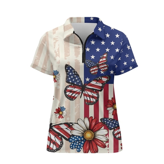 FUIALDOLG US Flag with Butterflies & Daisies Print Soft Workout Tops for Golf Tennis Travel, Moisture Wicking Short Sleeve Golf Shirts for Women Casual Sports Polyester Women Short Sleeve Golf Shirts