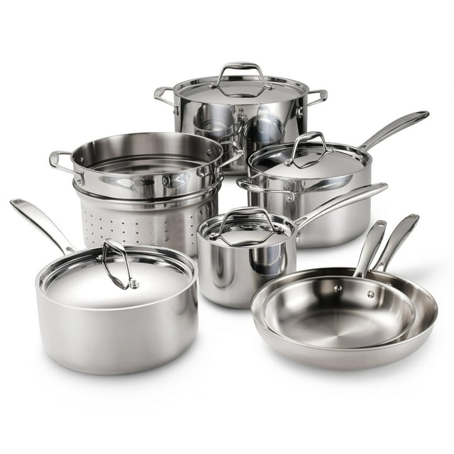 Tramontina Juego de utensilios de cocina de 11 piezas de acero inoxidable de tres capas con tapas, ollas y sartenes, compatible con inducción, apto para lavaplatos, certificación NSF