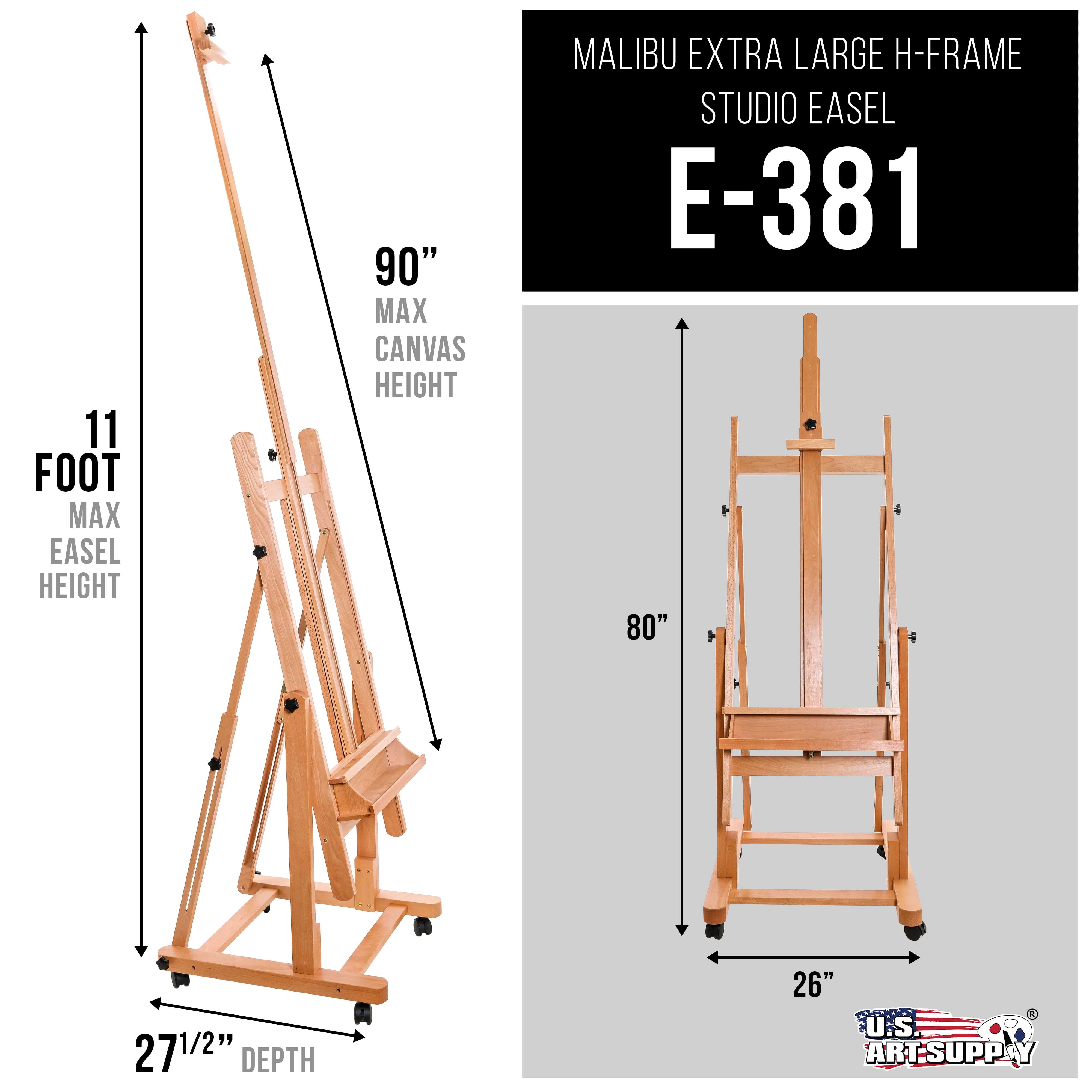 U.S. Art Supply Malibu HD Extra Large Adjustable H-Frame Studio Easel, Artist Tray - Wooden Canvas Holder Stand, Wheels