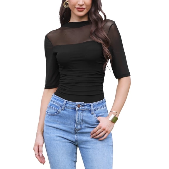 INSPIRE CHIC Mesh Jumpsuit for Womens's Party See Through Ruched Slim Fit Half Sleeve XS Black