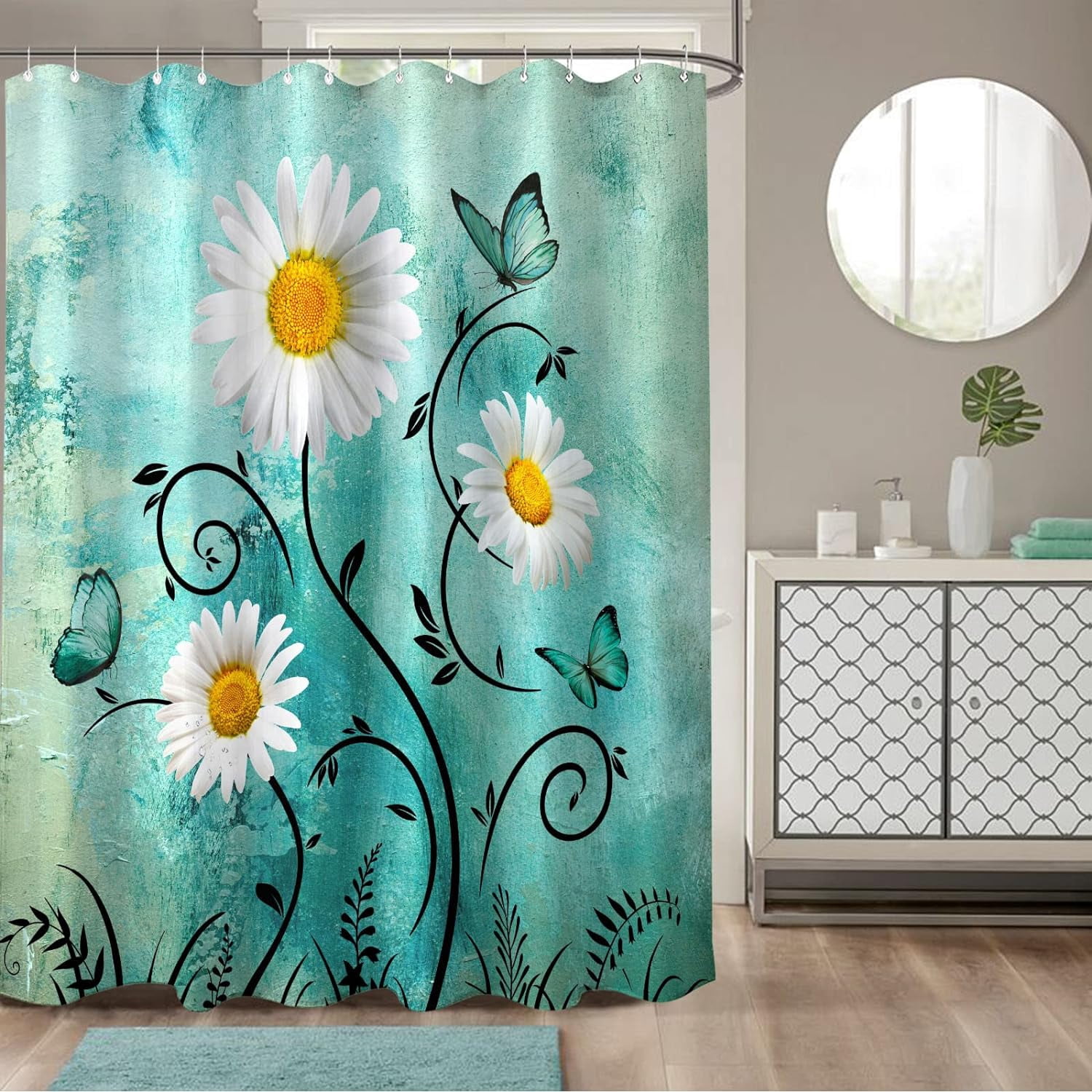 Rustic Farmhouse Shower Curtain White Daisy Floral Turquoise Waterproof Fabric Shower Curtains for Bathroom Flower Teal Butterfly Bath Curtain Decor with Hooks (Dark Teal, 72'''' x 72'''')