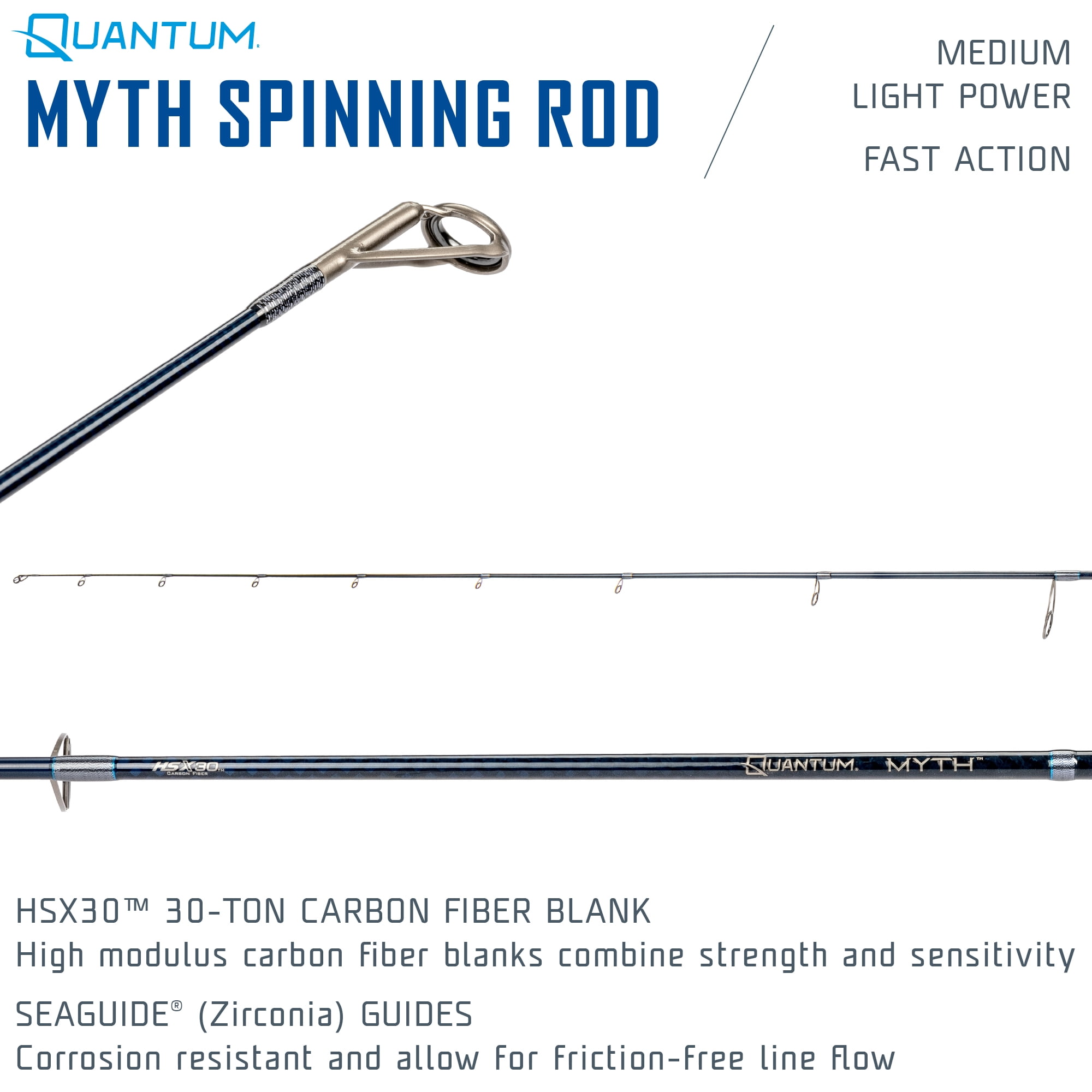 Quantum Myth Spinning Fishing Rod, 7-Foot, 1-Piece, Medium-Light Power, Fast Action Rod, HXS30 Graphite Blank, Seaguide Line Guides, Fuji DPS Reel Seat, Cork Handle, Gray/Blue