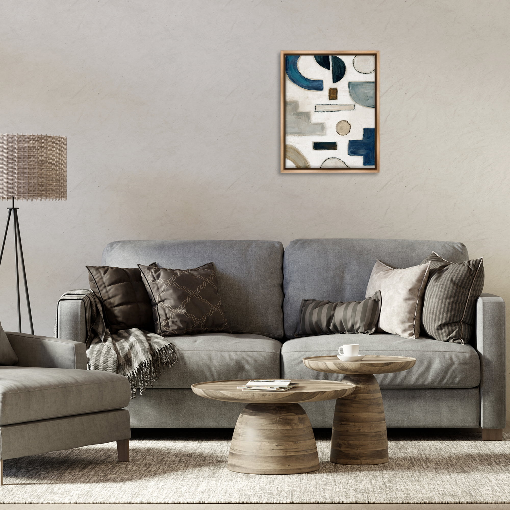Stupell Industries Neutral Shapes Blue & Beige Abstract Painting Brown Floater Framed Canvas Art Print Wall Art, 17 x 21