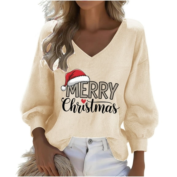 Under 10 dollars! Merry Christmas Shirts Women Funny Letter Graphic Long Sleeve Pullover Xmas V Neck Blouse Holiday Plus Size Tops