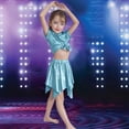 thumbnail image 2 of CAICJ98 Kid Girl Shiny Tie Knot Crop Top and Asymmetrical Skirt Set 2 Pcs Short Sleeve Metallic Disco Crop Top & Pleated Mini Skirt Set Performance Dancewear (Sky Blue,8-9 Years), 2 of 4