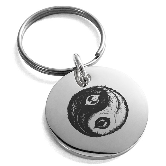 Stainless Steel Peacock Feather Yin Yang Engraved Small Medallion Circle Charm Keychain Keyring