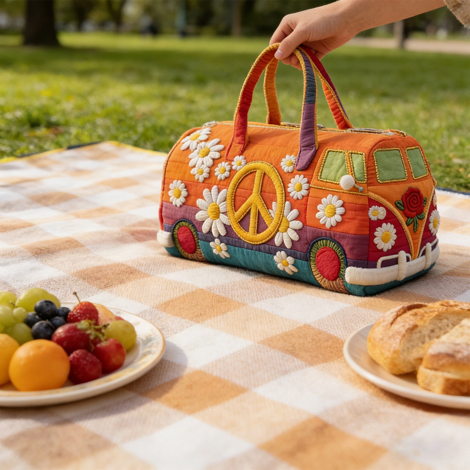 Whimsical RV Quilted Duffle Bag, Large Canvas Travel Carry-On for Weekend Trips, Funny Camping Theme Work & Gym Bag, Lightweight Tote with Pockets(G, 18" x 9" x 9")