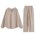 thumbnail image 6 of SuTry Women's Solid Color Two-Piece Set Pajamas Long Sleeve V-Neck Long Pants Pullover Loungewear Suit Suitable for Cool Weather(Beige,L), 6 of 6
