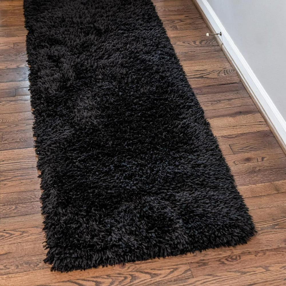 Infinity Collection Solid Shag Runner Rug by ‚Äì Black 2' 7" x 13' HighPile Plush Shag