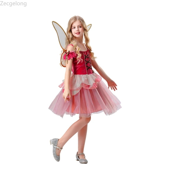 Zecgelong Fairy Princess Tutu Dress with Wings Girls Party Performance Red 120