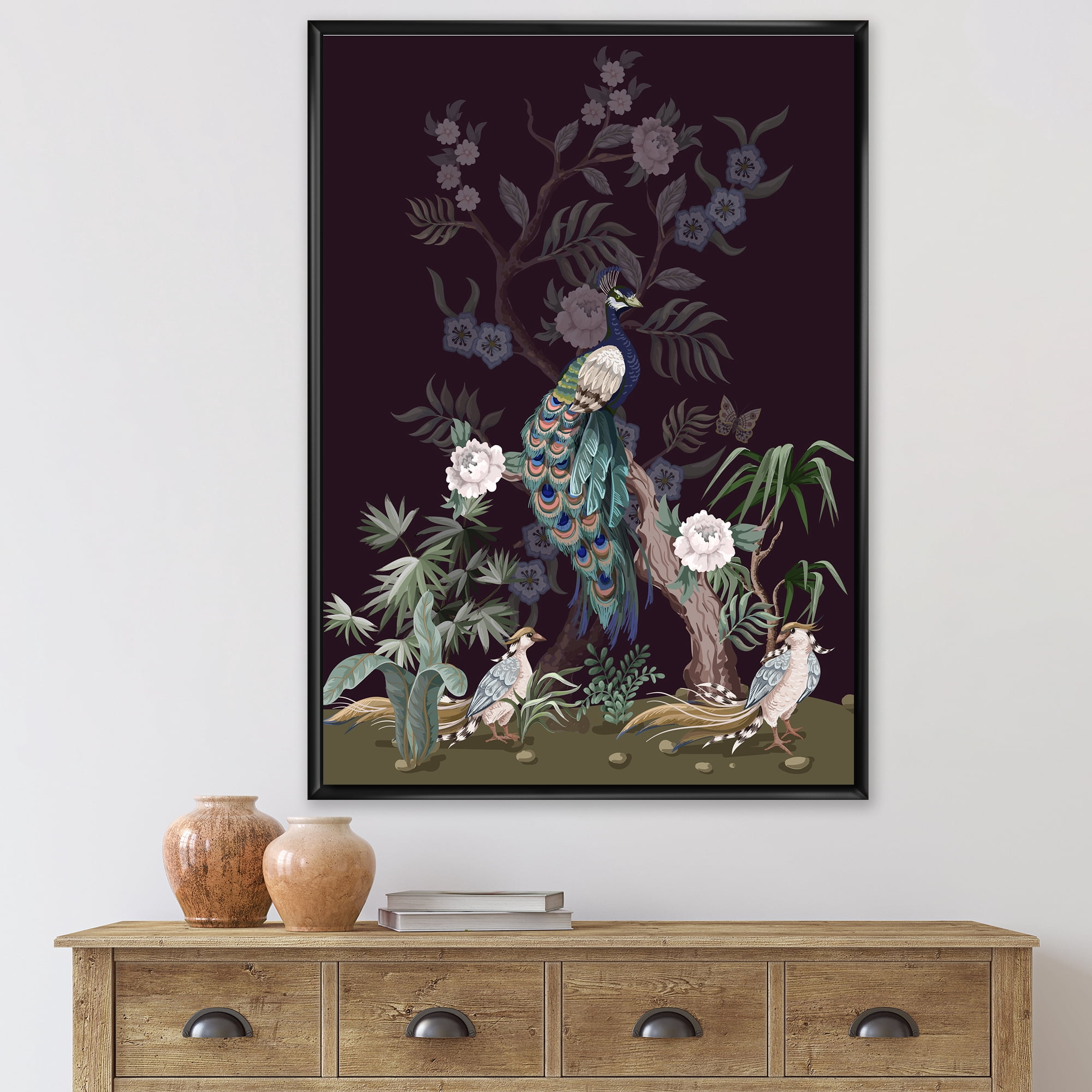 Designart 'Chinoiserie With Peonies and Birds V' Traditional Framed Canvas Wall Art Print