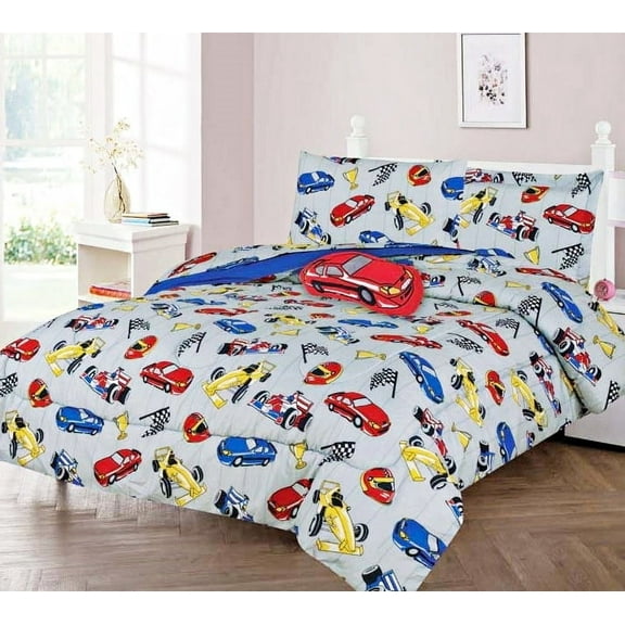 Comforter for kids in TWIN size with matching sheet set and pillow plush toy super soft easy wash girl boy bed décor city truck print design