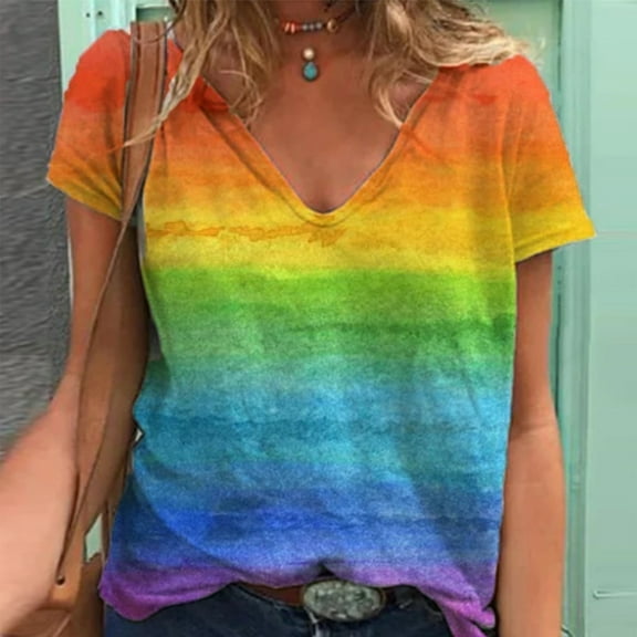 Rezuofi 1 Pcs Pride Shirt for Women Rainbow Graphic T-Shirt Equality Tee Summer Short Sleeve V Neck Tops