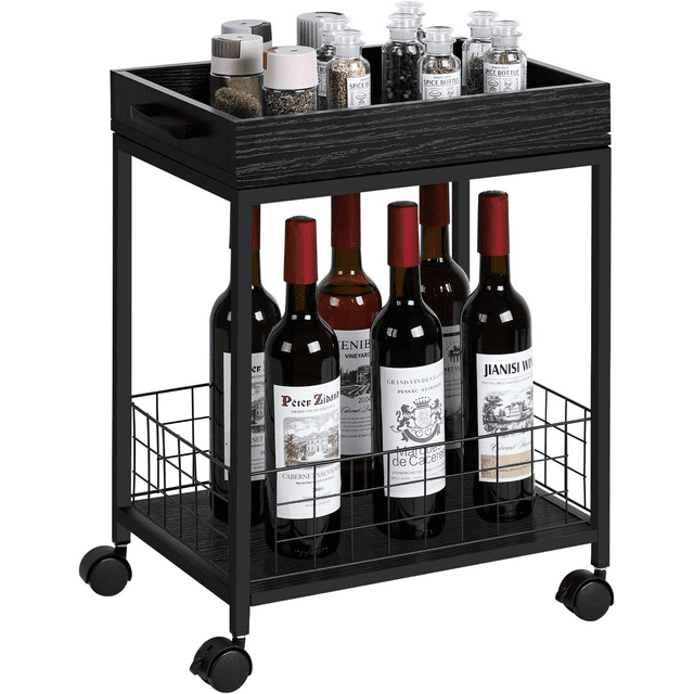 Table d'Appoint Rétro Industrielle avec Roulettes - Plateau de Service Amovible et Grand Rangement pour Canapé, Cuisine, Salon et Chambre (Noir)