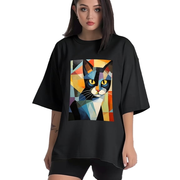 Plus Size Shirt for Women Black Tops for Women Short Sleeves Shirt for Women Cubist Style Cat T Shirt Crewneck Shirt for Women XS