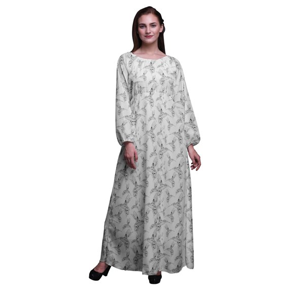 Bimba Moss Georgette King Fisher Bird Print Womenâ€™s Long Elastic Waist Casual Summer MaxiÂ Dress-XXX-Large